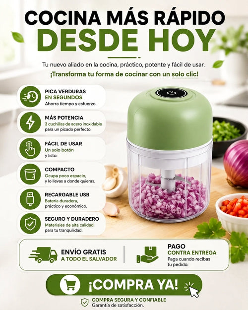 Mini Picadora Eléctrica - Recargable Cocina más rápido con un solo botón